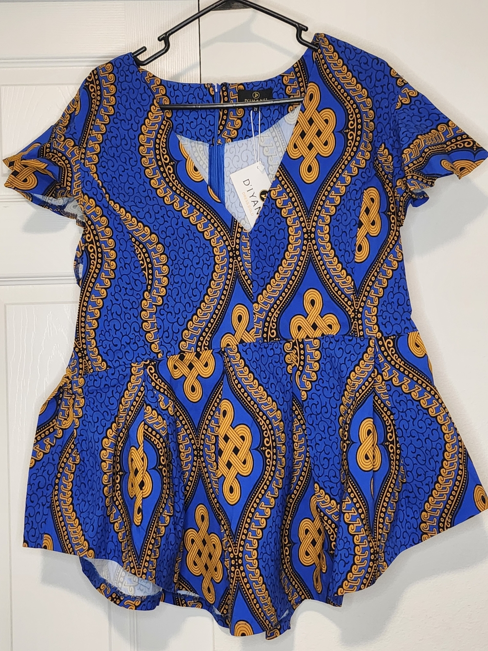 D'Iyanu Zera African Print Peplum Top in Blue and Gold Size 2X